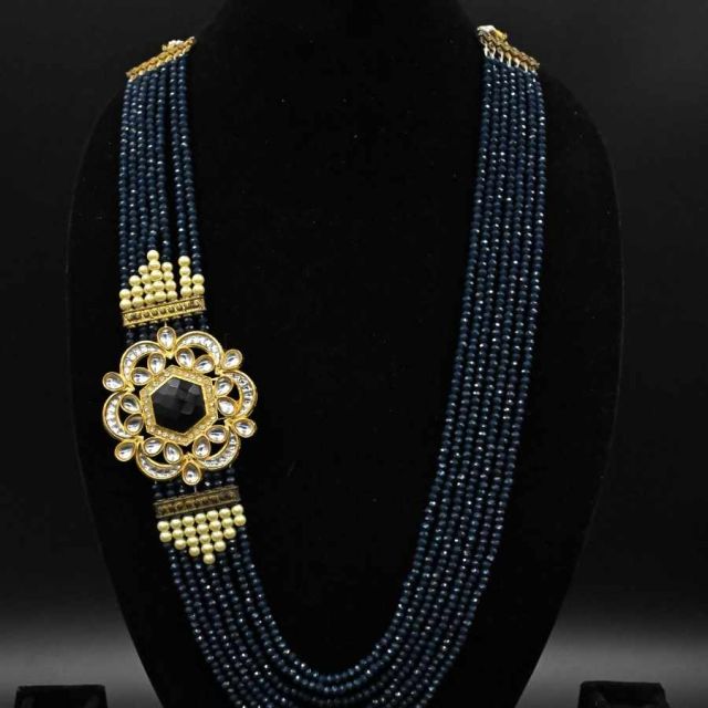 Navy Blue Kundan Beaded Necklace