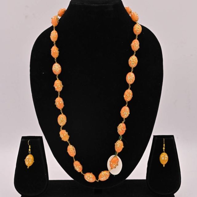 Orange Beaded Kundan Necklace Set