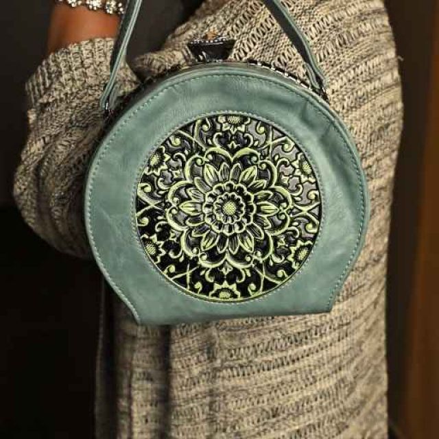 Teal Mandala Round Leather Bag